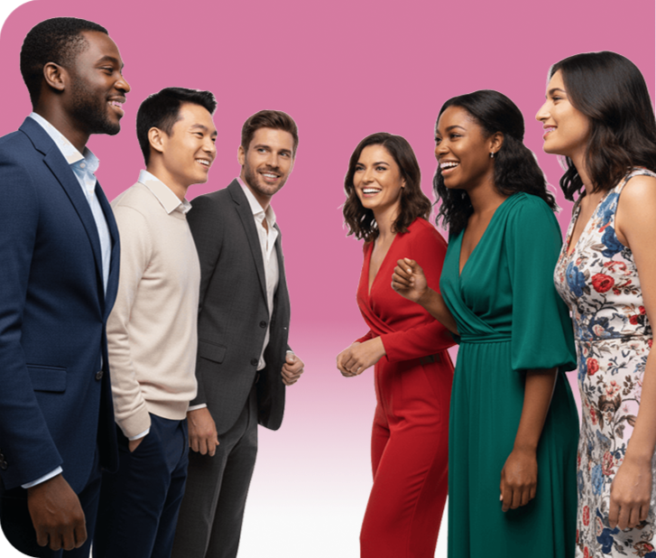 Group of men and women facing each other smiling.